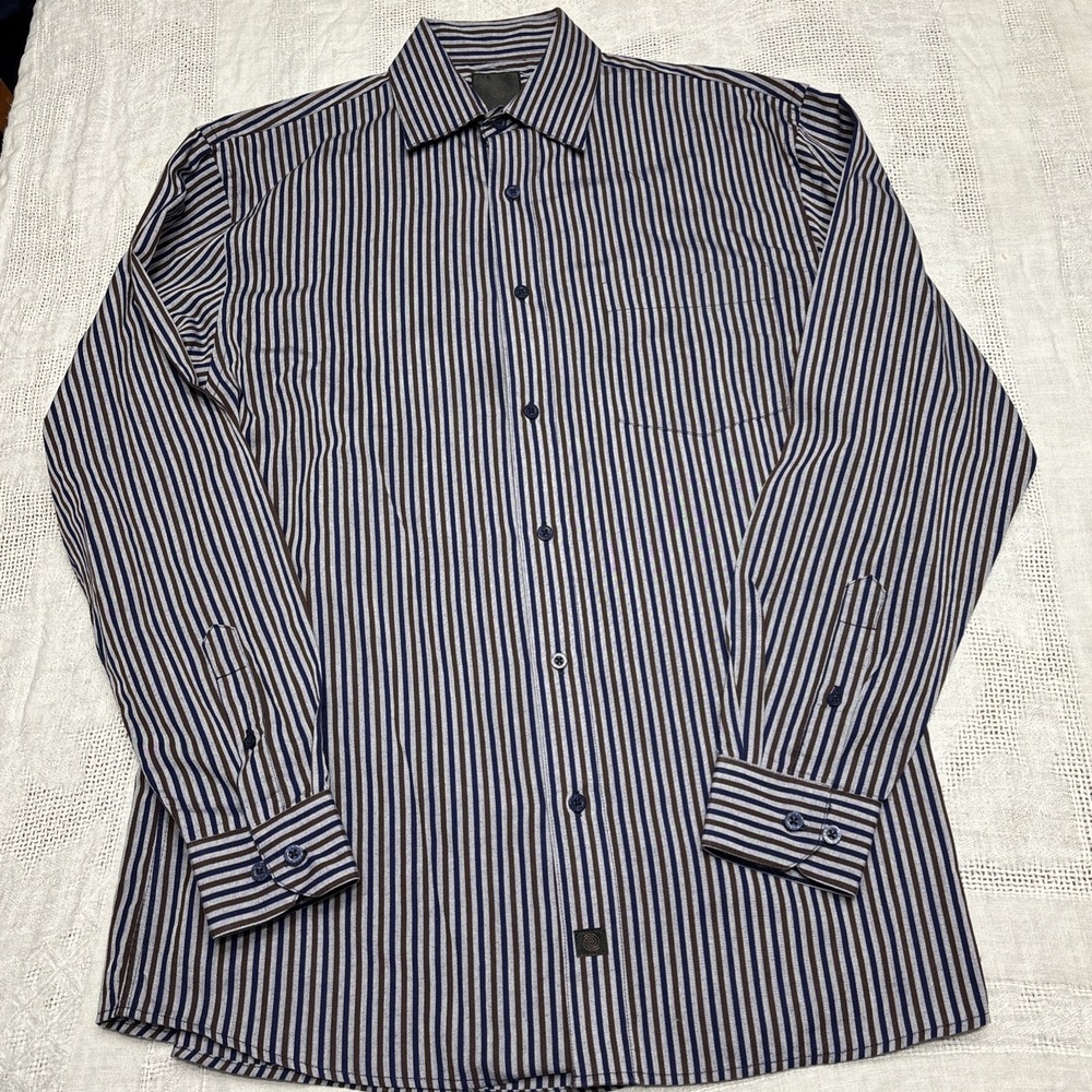 F/X‎ Fusion Shirt Men's Size Medium Stripes Design Blue Brown Gray